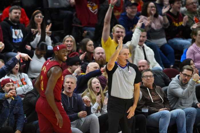 Jan 7, 2024; Cleveland, Ohio, USA; Cleveland Cavaliers guard Caris LeVert (3) celebrates his three-point basket in the third quarter against the San Antonio Spurs at Rocket Mortgage FieldHouse. Mandatory Credit: David Richard-USA TODAY Sports